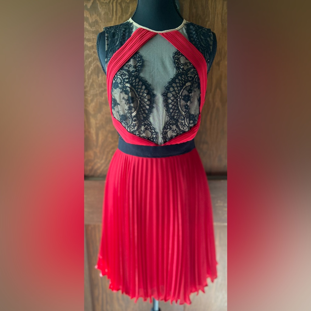 Bcbgmaxazria Red And Black Lace Chiffon Dress. Nwt